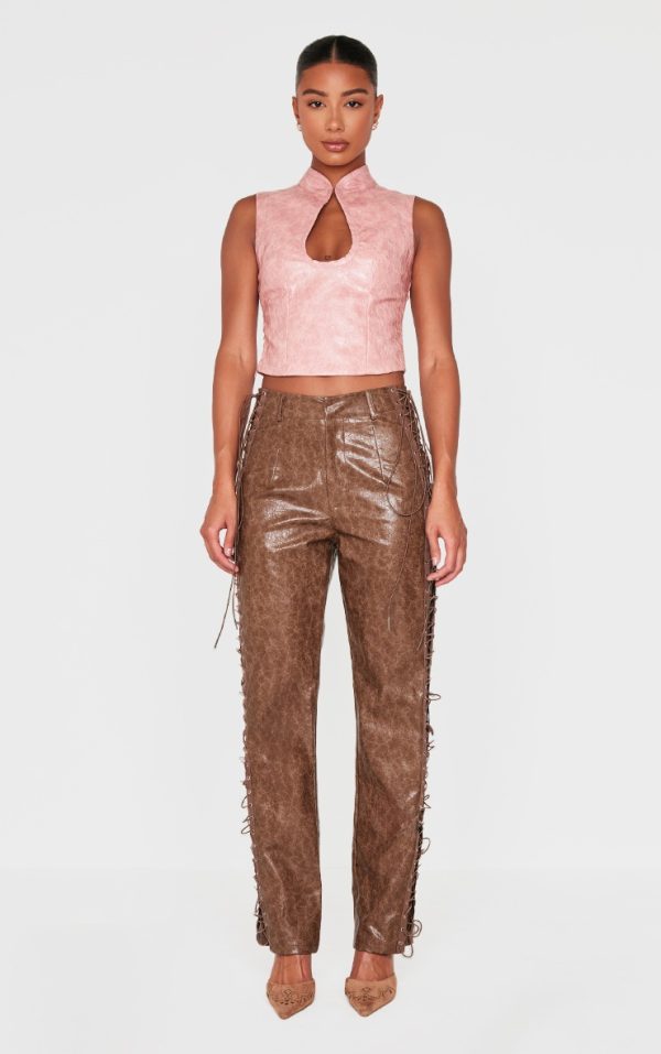 Dusty Pink Textured Faux Leather Keyhole Long Top
