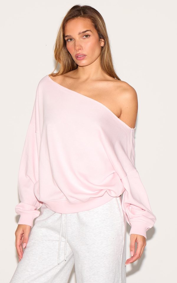 Baby Pink Oversized Off Shoulder Sweatshirt