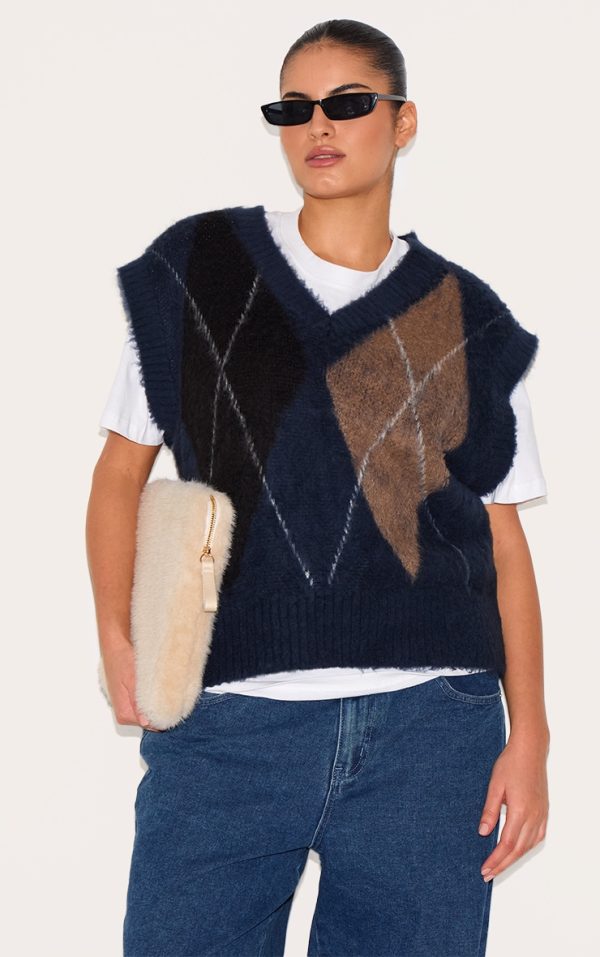 Plus Navy Checkered Knitted Sweatshirt Vest