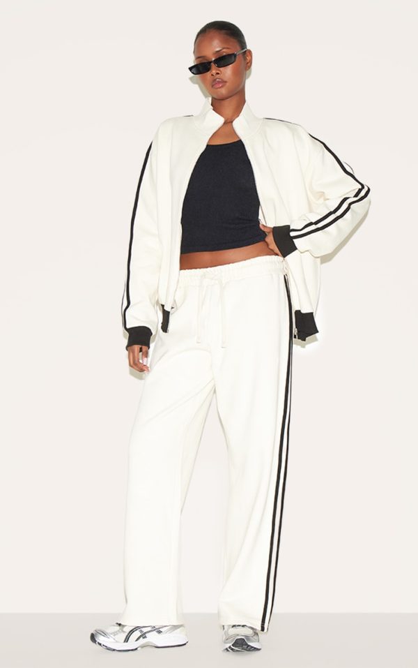 Cream Premium Side Stripe Wide Leg Sweatpants