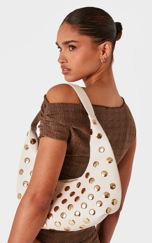 Cream Curved Studded Shoulder Bag