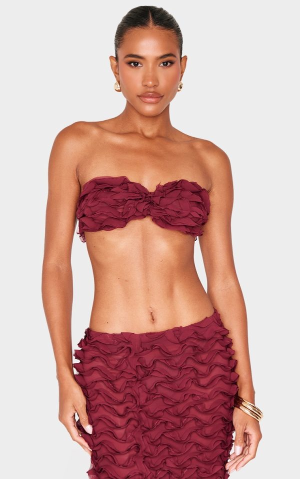 Burgundy Chiffon Ruffle Bandeau Top