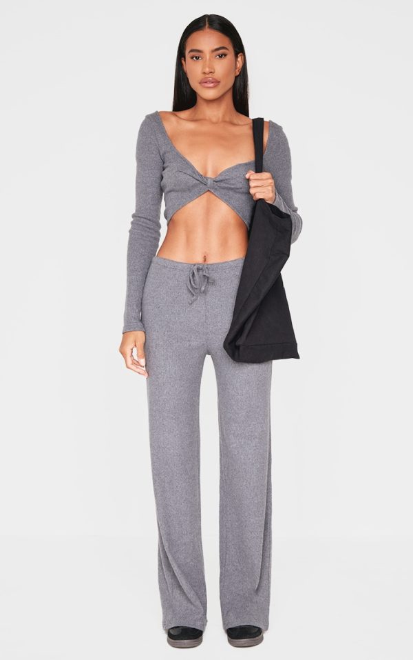 Charcoal Wide Leg Brushed Rib Drawstring Pants