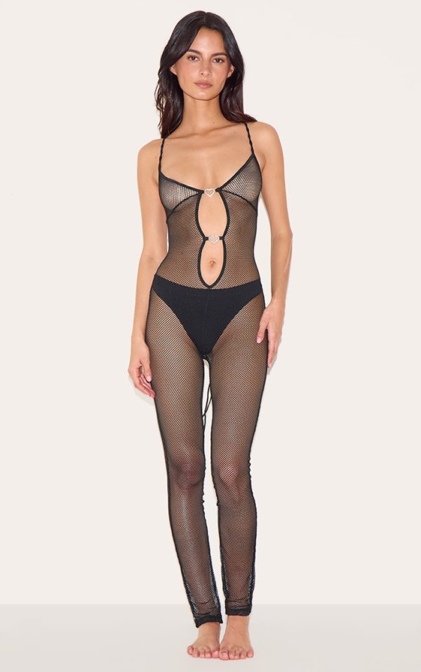 Black Fishnet Diamante Heart Bodystocking