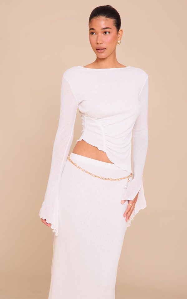 White Burnout Mesh Ruched Front Flared Sleeve Long Top