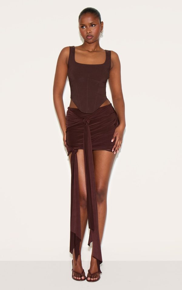 Chocolate Double Layer Slinky Knot Detail Mini Skirt