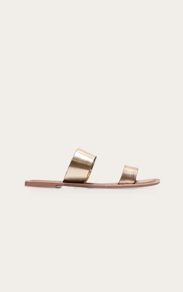 Gold Twin Strap Basic Leather Sandals