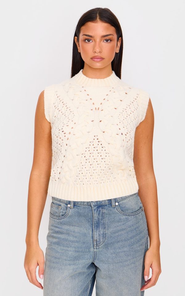 Cream Textured Cable Knit Sweater Vest