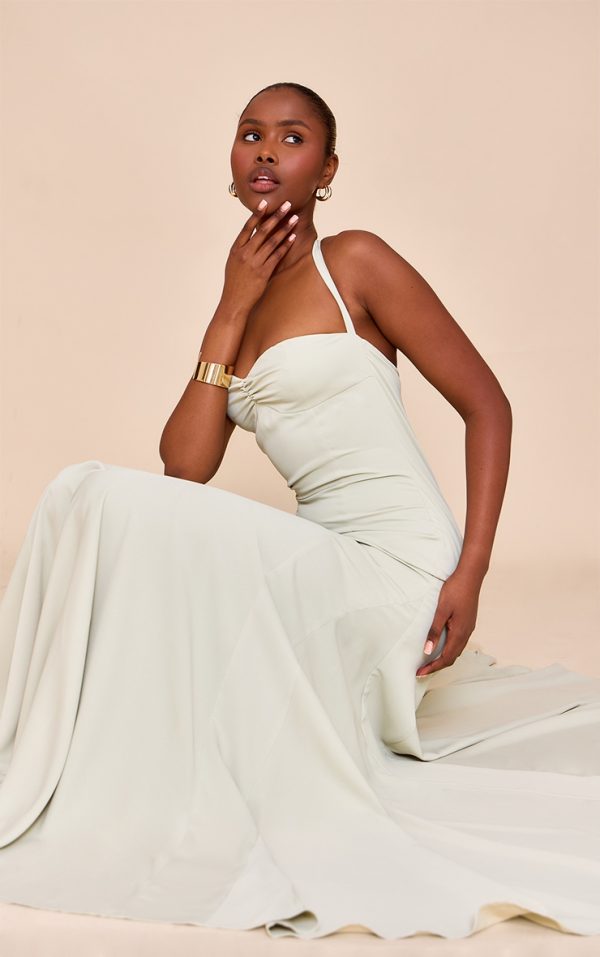 Sage Woven Halterneck Ruched Bust Detail Maxi Dress