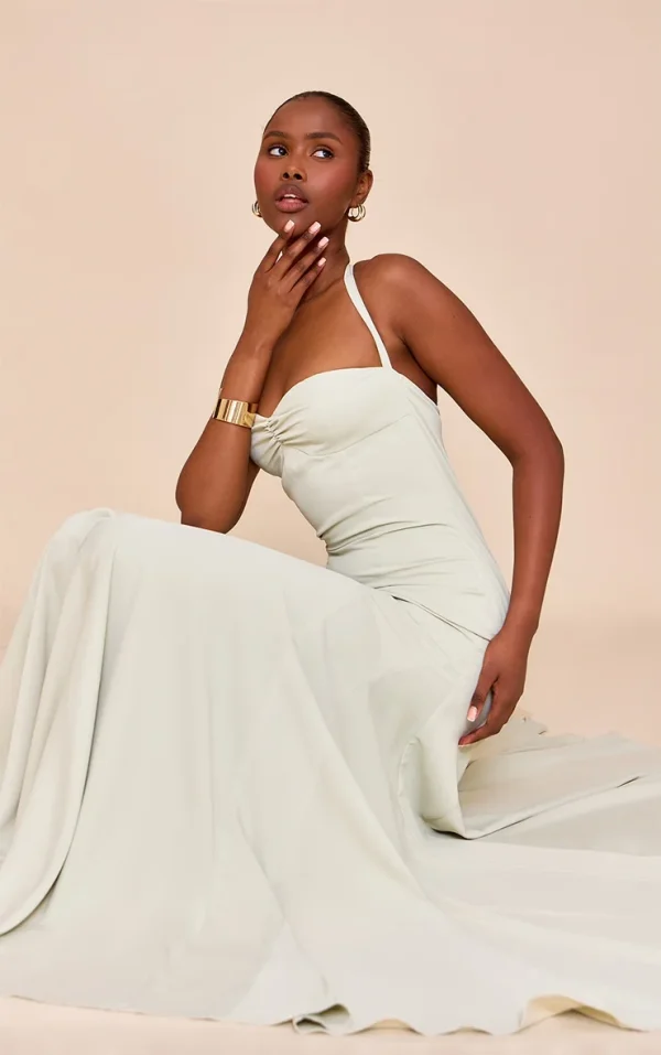 Sage Woven Halterneck Ruched Bust Detail Maxi Dress