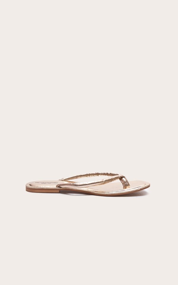 Gold Wide Fit Real Leather Toe Thong Flat Sandals