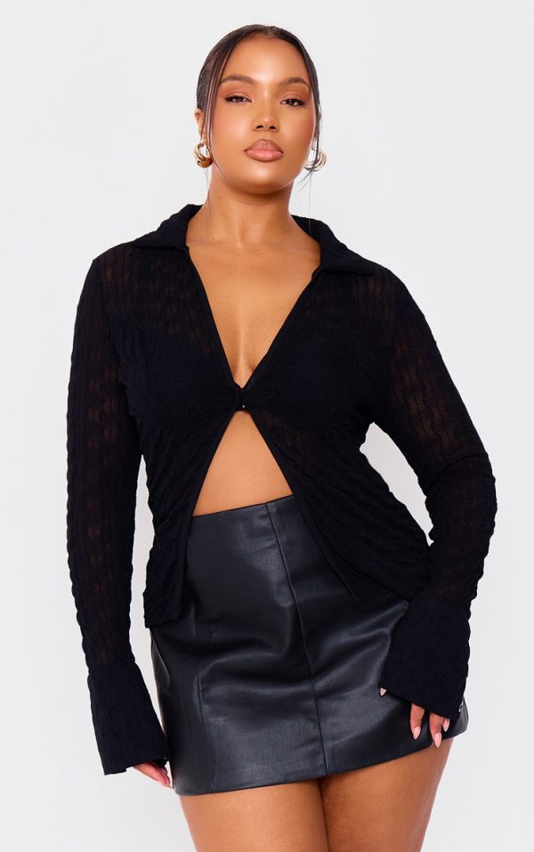 Plus Black Mesh Button Front Shirt