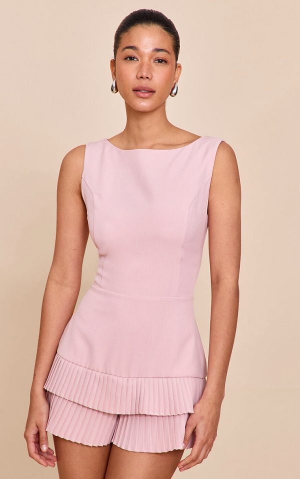 Baby Pink Woven Boat Neck Ruffle Detail Romper