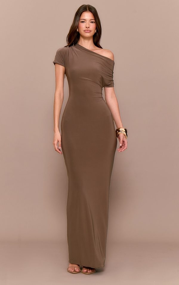 Mushroom Double Layer Slinky Asymmetric Ruched Sleeve Maxi Dress
