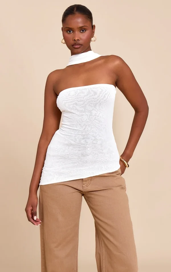 Cream Crinkle Mesh Scarf Detail Asymmetric Long Top