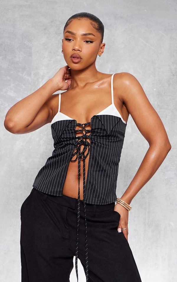 Black Pinstripe Contrast Stap Lace Up Top