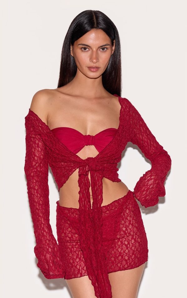 Berry Red Lace Tie Front Beach Top
