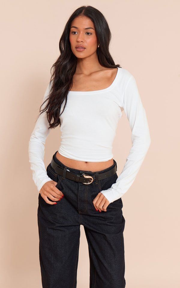 Tall White Soft Cotton Crew Neck Long Sleeve Fitted Top