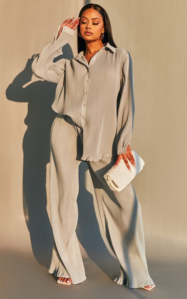 Light Grey Plisse High Waisted Wide Leg Pants
