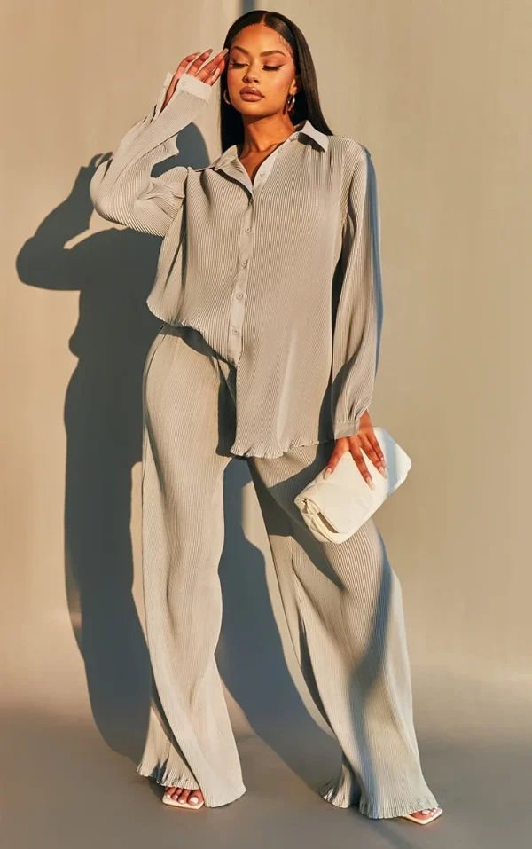 Light Grey Plisse High Waisted Wide Leg Pants