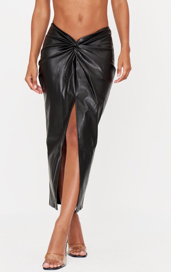 Black Faux Leather Twist Detail Front Midi Skirt