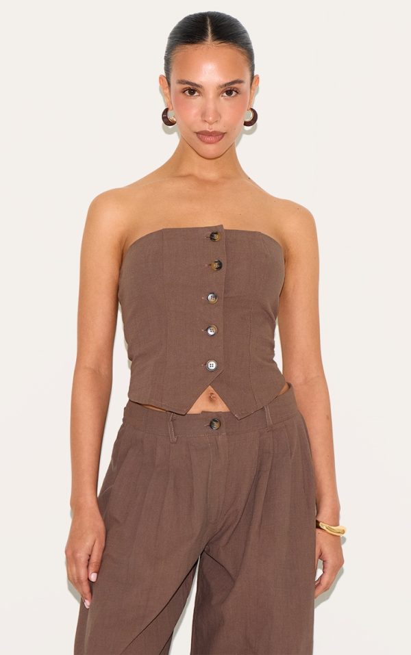 Petite Chocolate Woven Bandeau Button Up Top