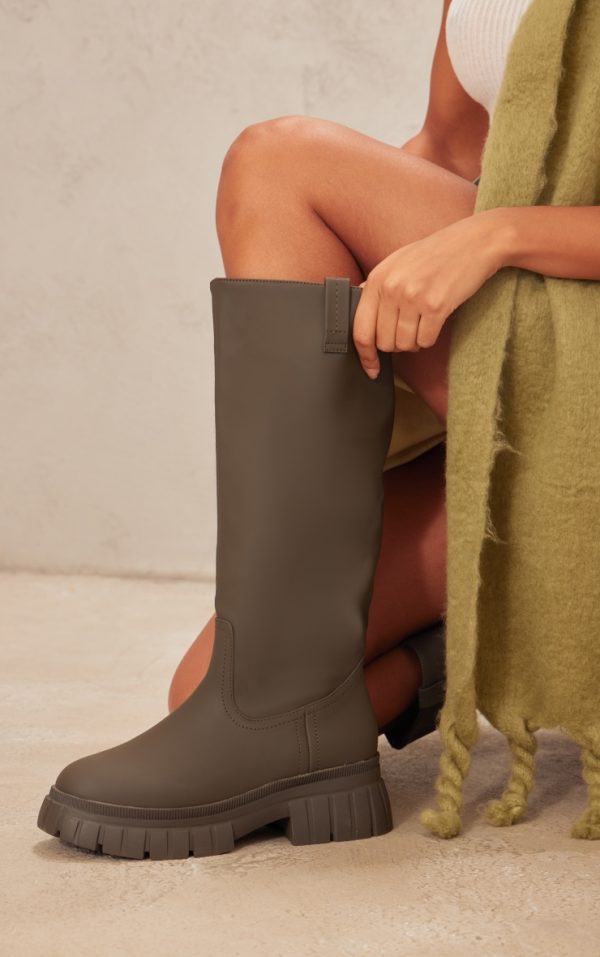 Khaki Wide Fit Pu Slip On Knee High Boots