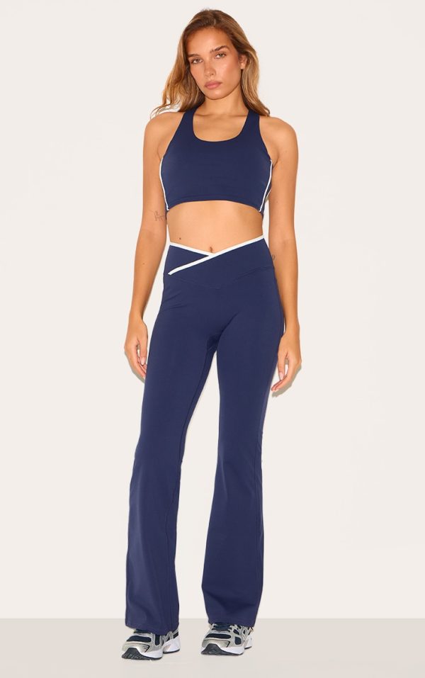 Navy Sculpt Binding Wrap Contrast Waist Yoga Pants