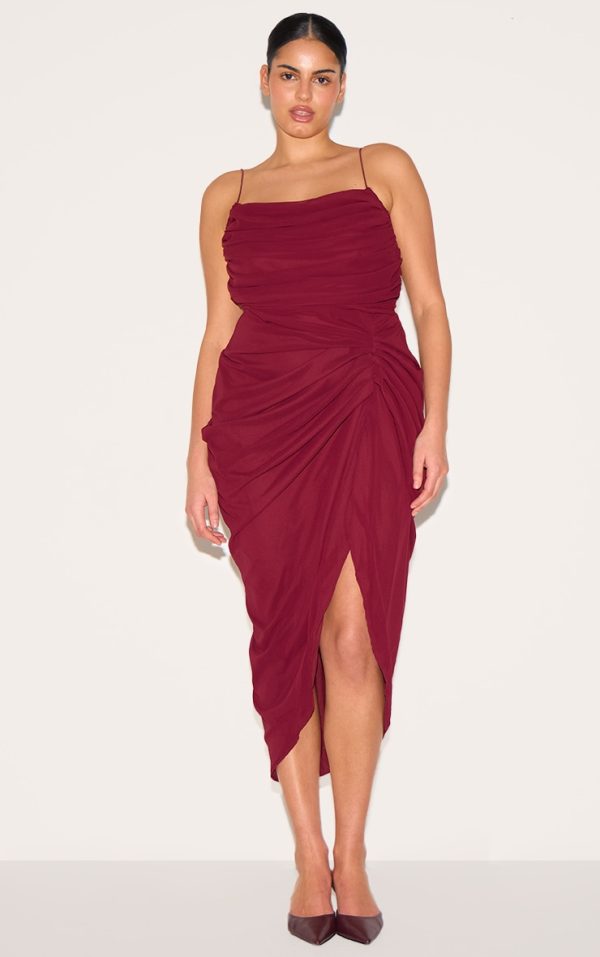 Plus Wine Chiffon Ruched Drape Midi Dress