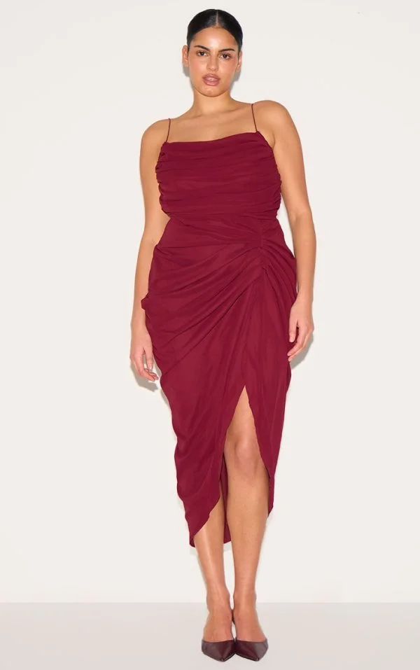 Plus Wine Chiffon Ruched Drape Midi Dress