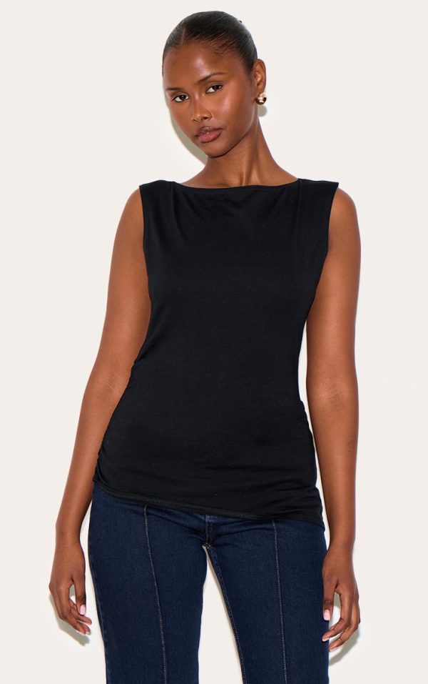Black Cotton Straight Neck Long Top