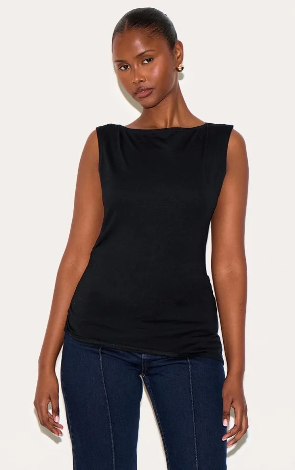 Black Cotton Straight Neck Long Top