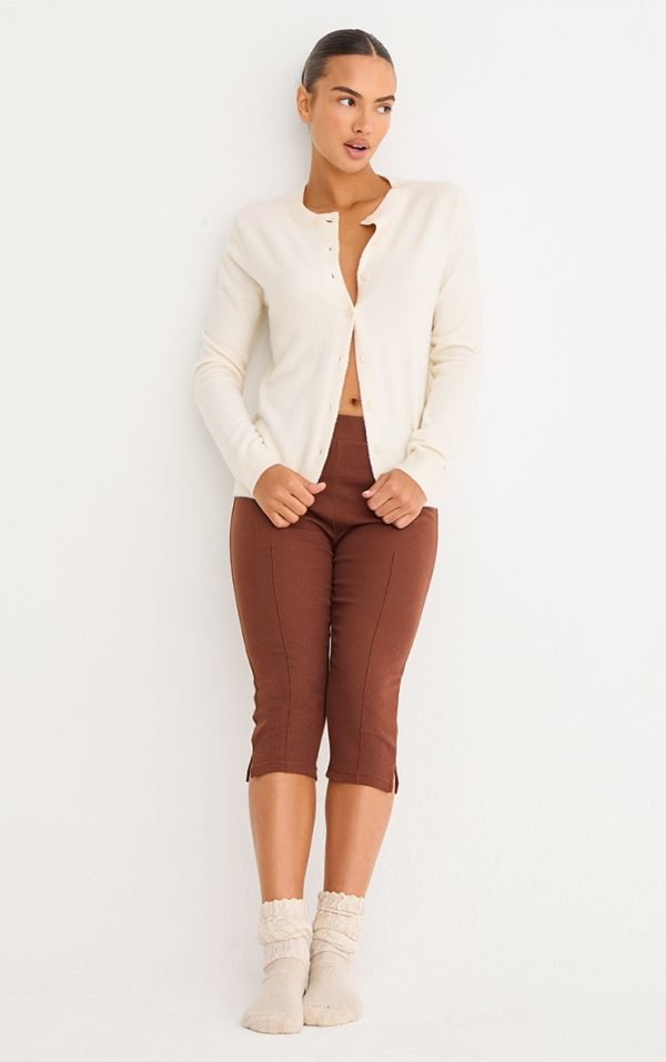 Chocolate Ribbed Elasticated Waist Capri Leggings