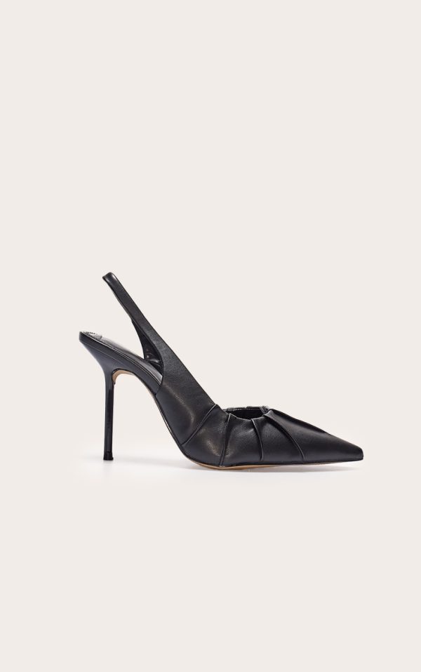 Black Pu Point Toe Ruched Sling Back High Stiletto Heeled Courts