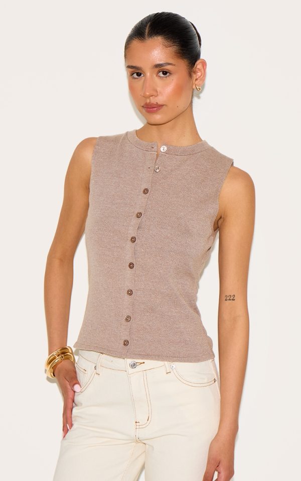 Tall Mocha Button Through Sleeveless Top