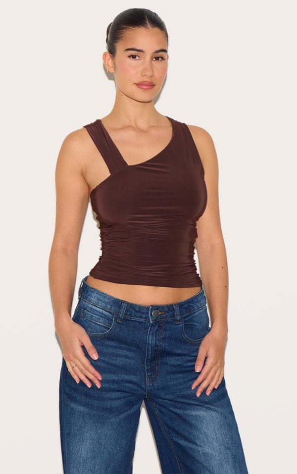 Chocolate Asymmetric Strap Detail Vest Top