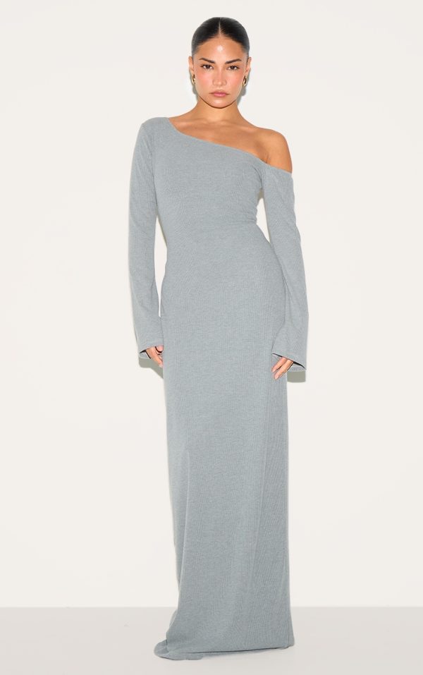 Petite Grey Asymmetric Ribbed Maxi Dress