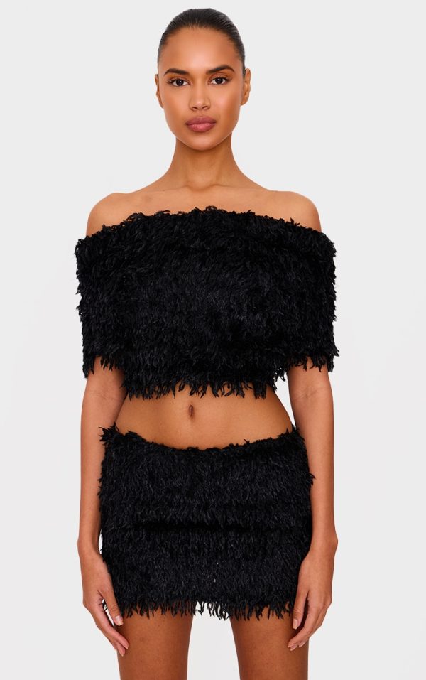 Black Feathered Scooped Back Crop Top