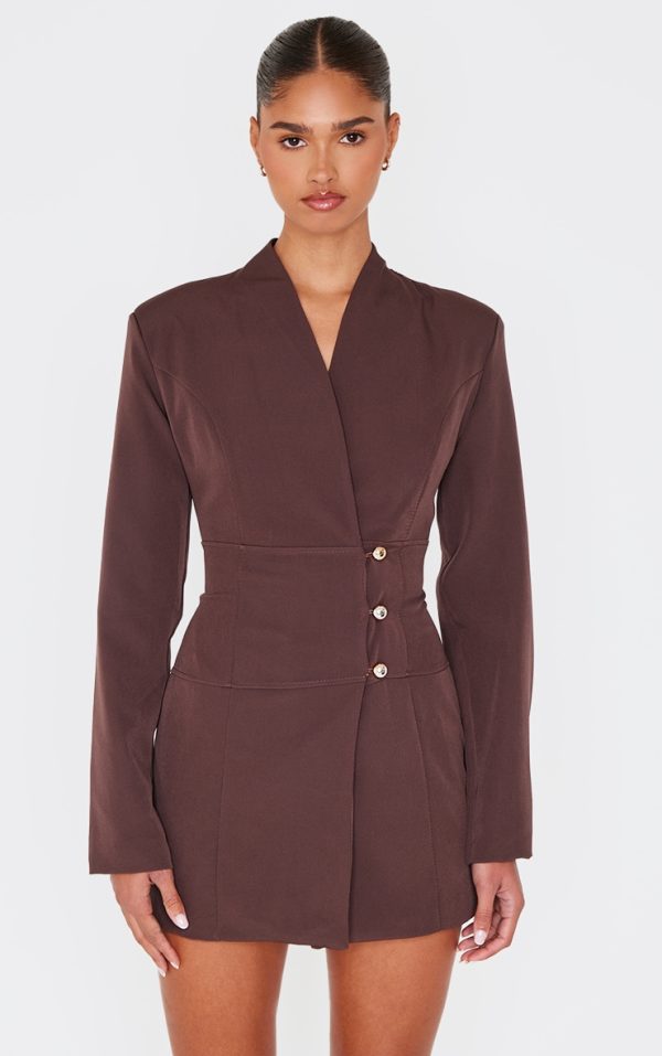 Chocolate Woven Button Detail Blazer Dress