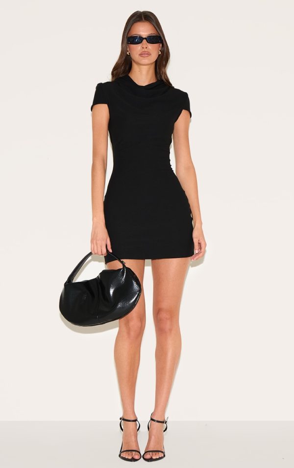 Black Soft Touch High Neck Cowl Bodycon Dress