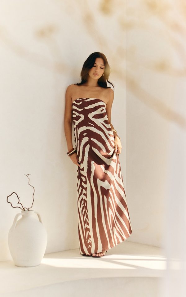 Tan Zebra Abstract Print Woven Bandeau Maxi Dress