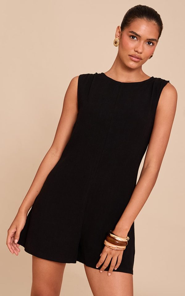 Black Linen Blend Slouchy Boat Neck Romper