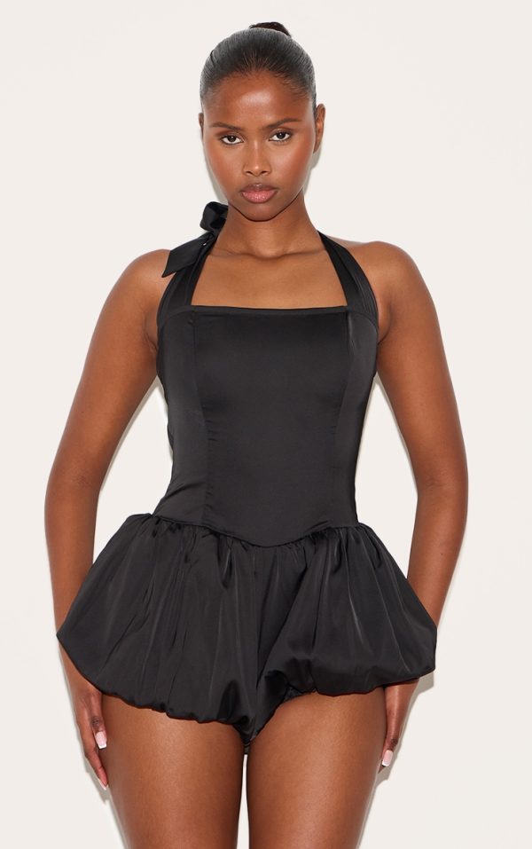 Black Satin Halter Neck Puffball Romper