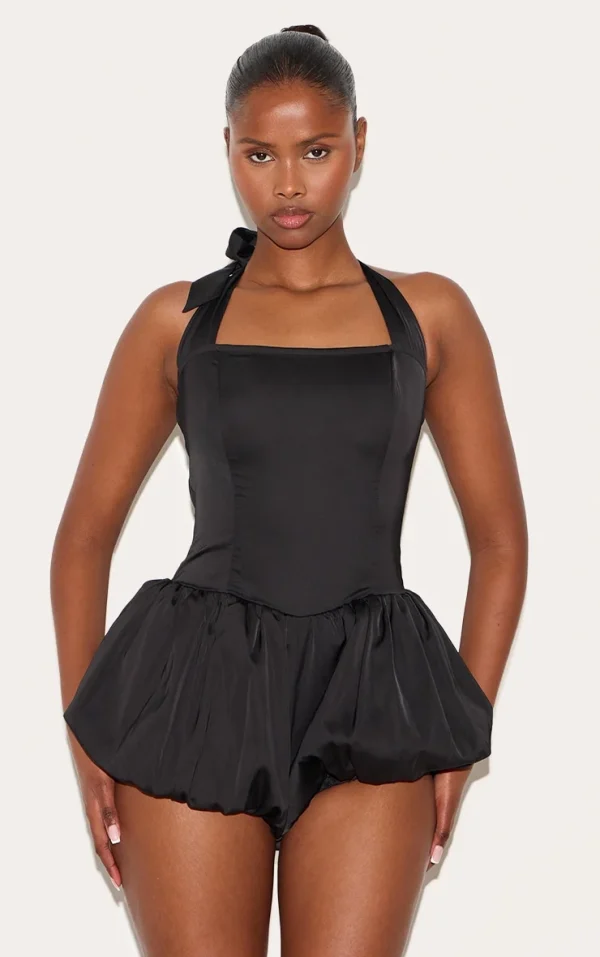 Black Satin Halter Neck Puffball Romper