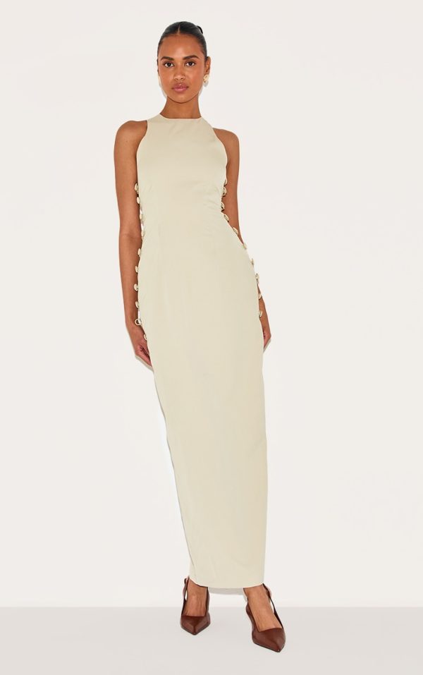 Sage Woven Racer Button Detail Midaxi Dress