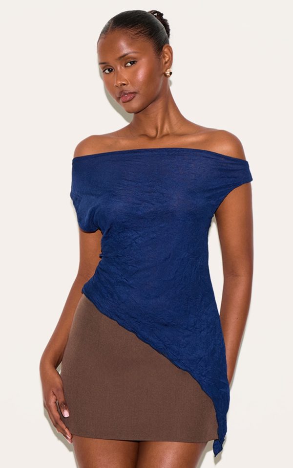 Navy Crinkle Mesh Asymmetric Neck Top
