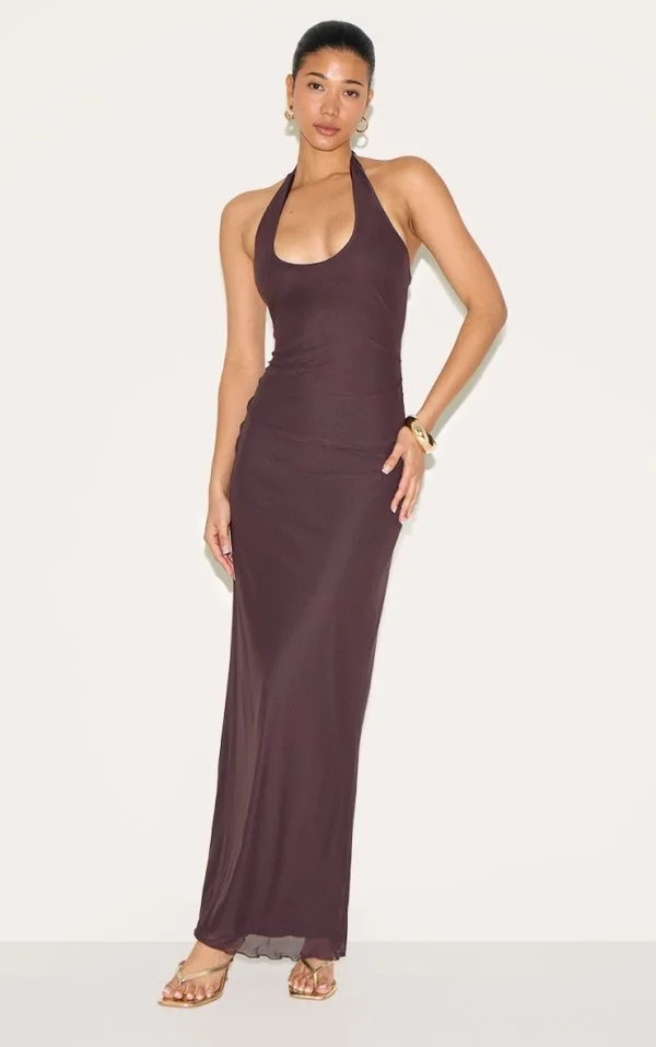 Chocolate Mesh Lined Scoop Halter Neck Maxi Dress