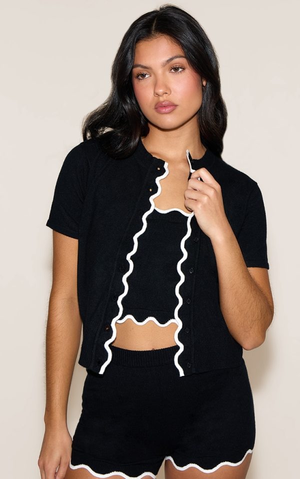 Black Contrast Soft Knit Scallop Hem Fitted Cardigan