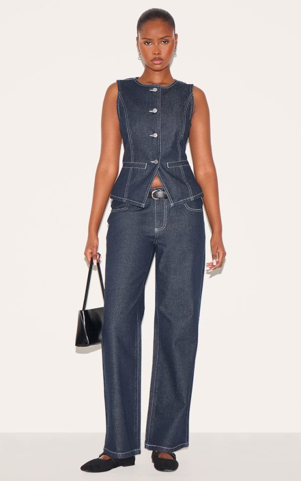 Raw Indigo Wash Mid Waist Straight Leg Jeans