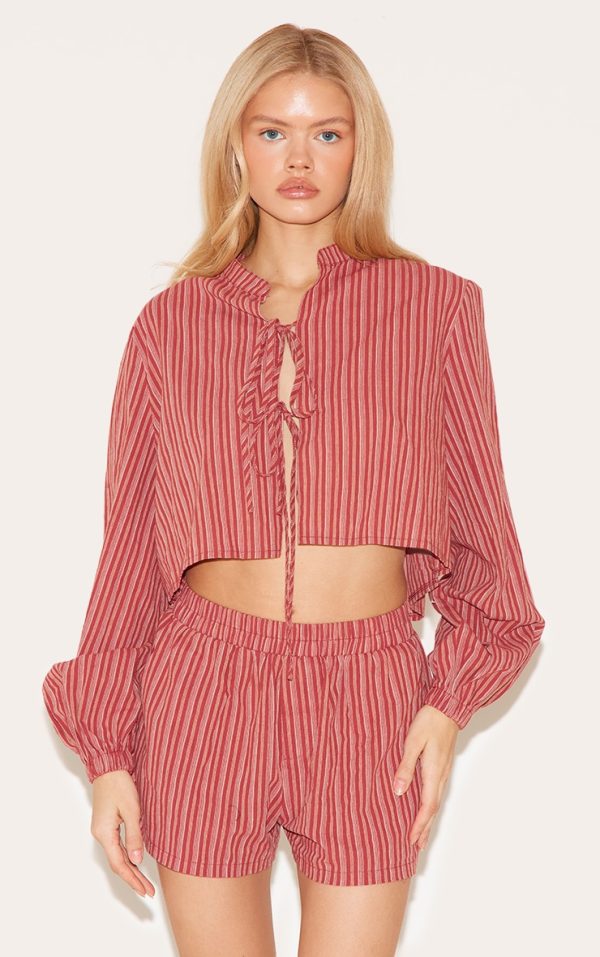 Red Striped Linen Cropped Shirt